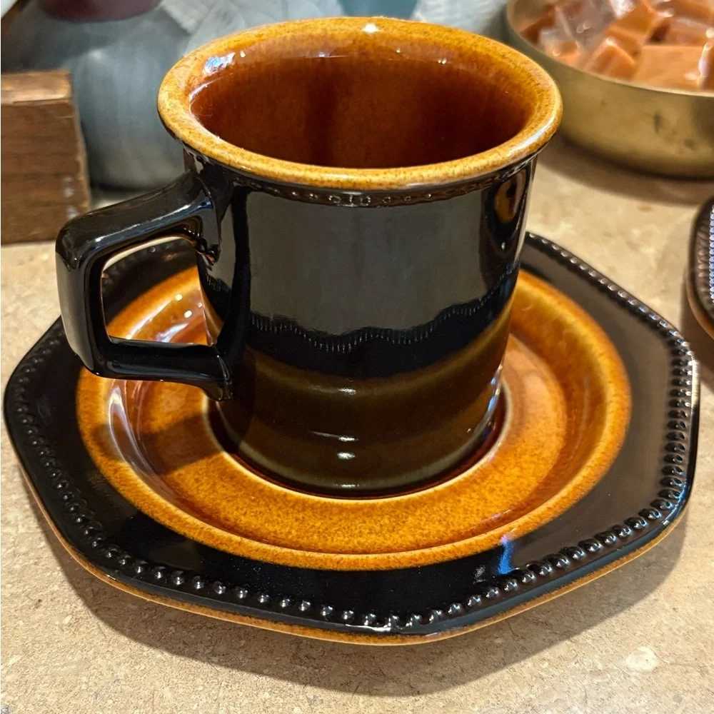 Vintage Sears Ironstone Octagon Amber Black and Brown Coffee Cup Set of 2